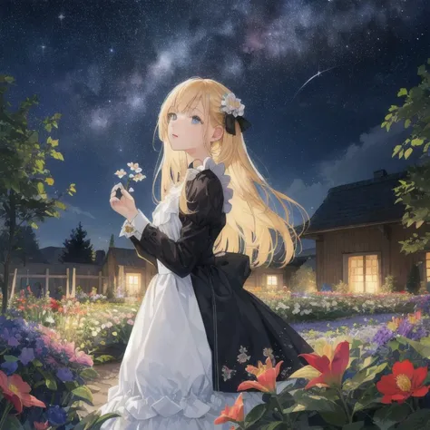 top quality, high_resolution, distinct_image, detailed background, girl, flower, garden, starry sky,