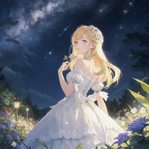 top quality, high_resolution, distinct_image, detailed background, girl, flower, garden, starry sky,