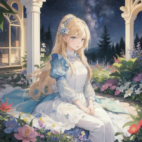 top quality, high_resolution, distinct_image, detailed background, girl, flower, garden, starry sky,