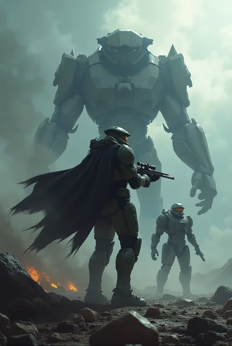 Halo Master Chief holding a sniper and in case he has 2 big pieces and has a black cape and the pieces look like evil guys, Now add cahos