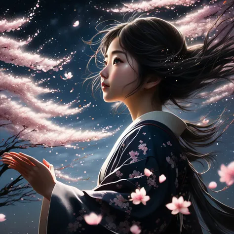 A young Japanese female student standing at the edge of darkness, reaching out towards a distant light. Swirling wind surrounds her, carrying cherry blossom petals. Her eyes reflect determination and hope. The scene is a blend of realism and surrealism, wi...