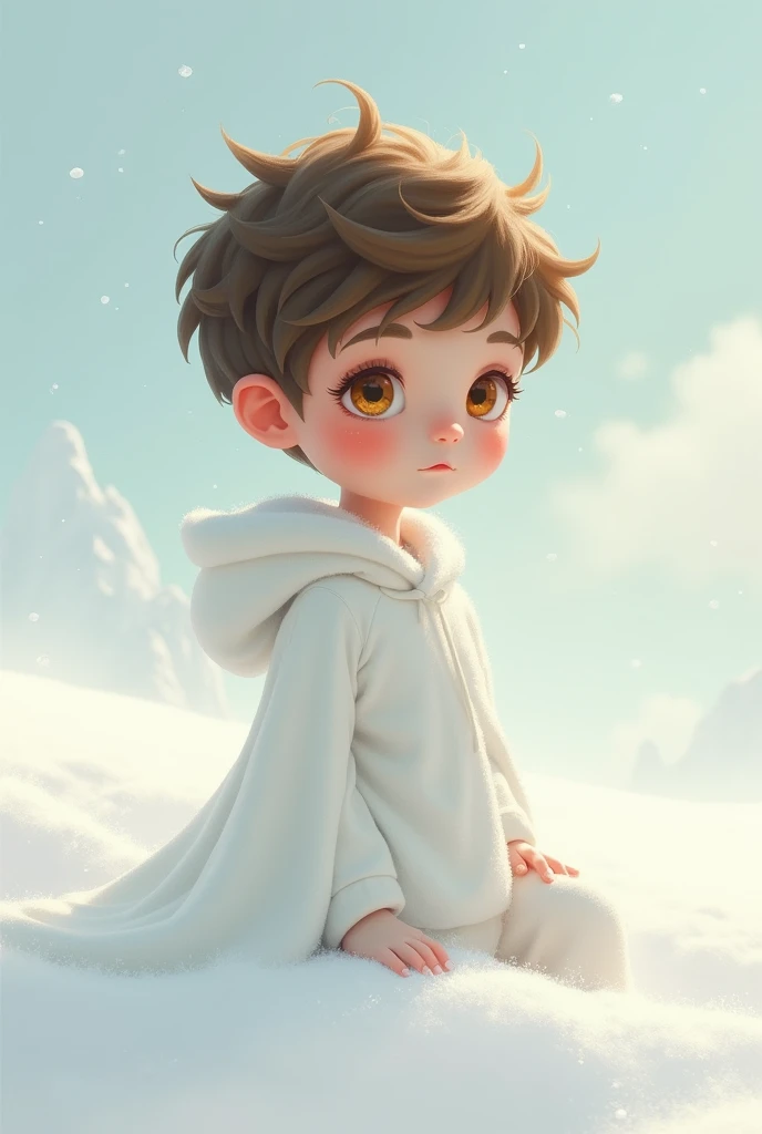 A boy,with curvilinear body, short brown hair in a white landscape,HEAD ON,honey colored eyes