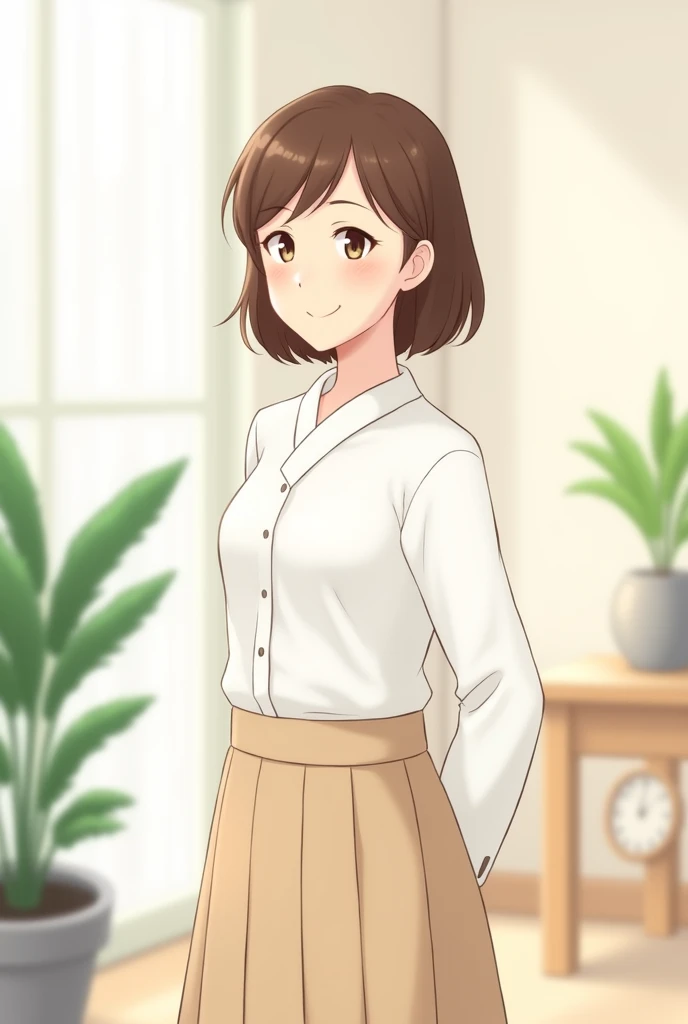 Take an image of a smiling 40-year-old Japanese woman with short light brown hair.。She is standing slightly to the side、She is wearing a white long sleeve blouse and a light beige pleated skirt。The background is minimalistic、With soft lighting、Make some pl...