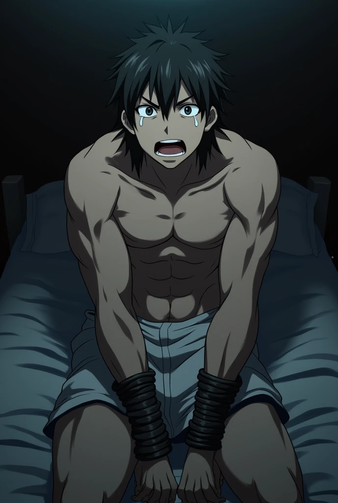 levi ackerman from anime crying tied to a bed without clothes