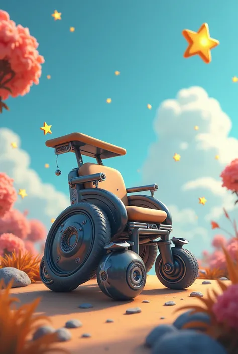 Wheelchair with an ultrasonic sensor and a solar panel on the back. Decorate it with little stars and make it have something of the environment.. Let it not be so realistic. More animation. Without the cat 