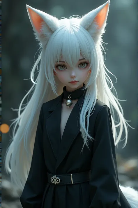  human half fox boy with a White fox tile and ears black  clothes/white hair cover face/ black callor with silver bell/ black face make