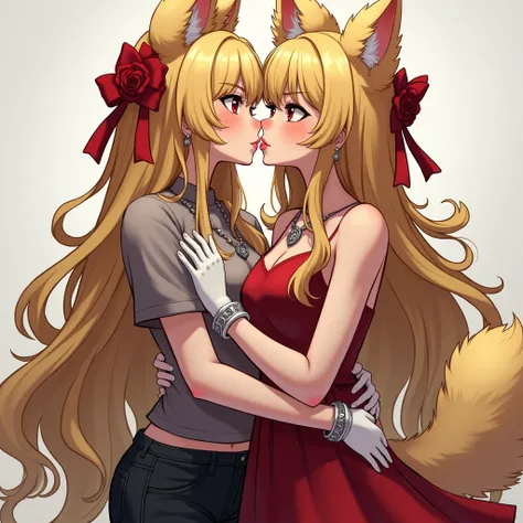 (two mature girls, hugging, adult female:1.3), (sweet kiss, tongue twist:1.3), ( (mature:1.1), (long black-blue:1.2), (fluffy fenek ears, fenek fluffy tail:1.2), (silver bracelet, earrings, necklace:1.25), (black jeans, shirt:1.3), (dominant:1.2) ), ( ( ma...