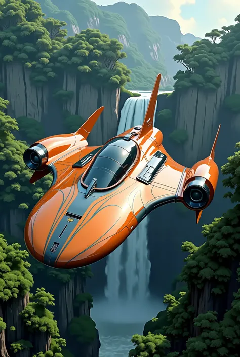 Full wide photo shot, Futuristic concept 3d Space Craft with Business Jet features and metallic Orange with matte Blue and white details Luxury waterfall landscapes forest background hovering, highly detailed 8k sharp focus 