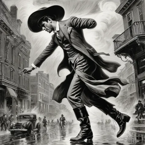 the wind keeps a-blowin me Up and down the street With my hat in my hand And my boots on my feet Watch out so you dont step on me, by style of Austin Briggs, John T. Biggers, François Boucher