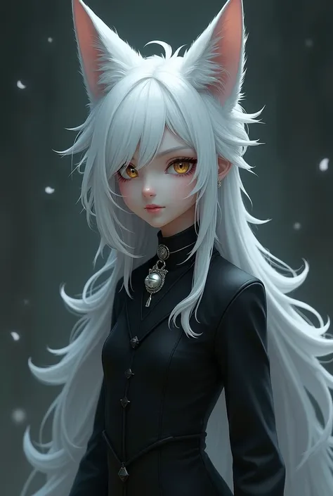  human half fox boy with a White fox tile and ears black  clothes/white hair cover face/ black callor with silver bell/ black face make