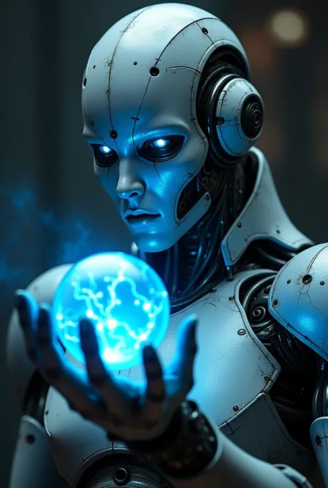 Robot with a blue lightning ball in his hand with his face close to the camera
