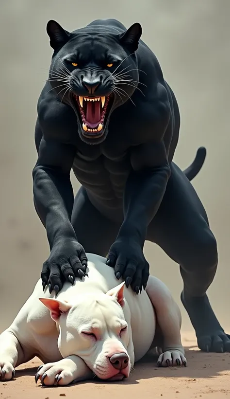 A furious Black Panther on top of a fainted white Pitbull. The Pitbull is lying on the ground as if sleeping. The panther is roaring as if celebrating a victory