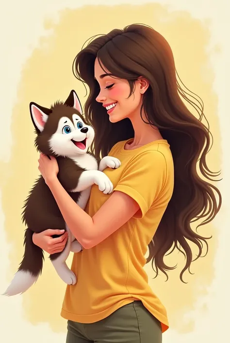 pixar disney drawing of a woman with long dark brown hair, standing sideways, profile, dressed in a yellow t-shirt, radiant with joy, holding a little Siberian husky puppy with brown fur and blue eyes