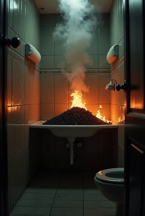 Burning coal, bed, in the bathroom, 