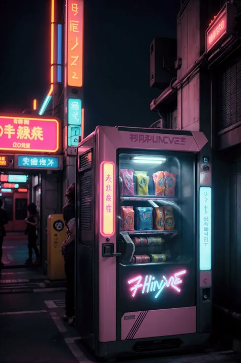 a vending machine in a synthwave cyberpunk city in japan, neon lights, futuristic, retro, 80s, digital art, synthwave, surreal, glowing, dynamic, vivid colors, vibrant pink and blue, cinematic lighting pink and blue, dramatic, high contrast, intricate deta...