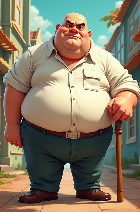 Fat man in white shirt, black pants, shaved head, holding a cane, Animated style