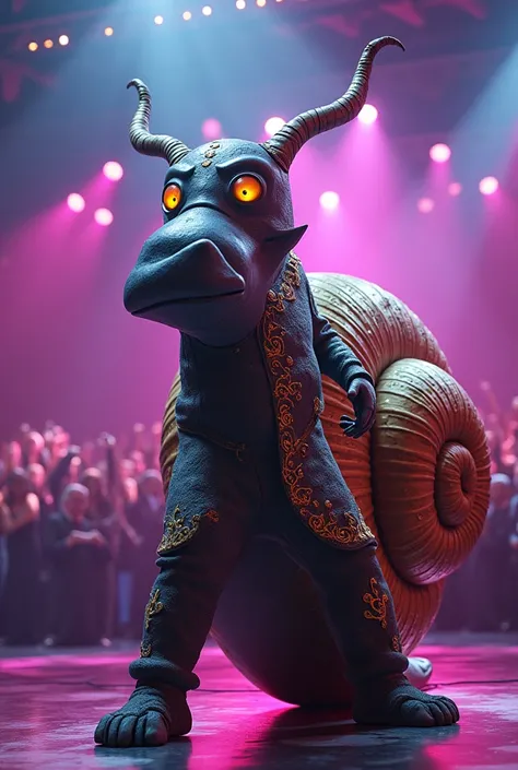 creating an image of a male singer wearing a "snail" mascot performing on The Masked Singer stage