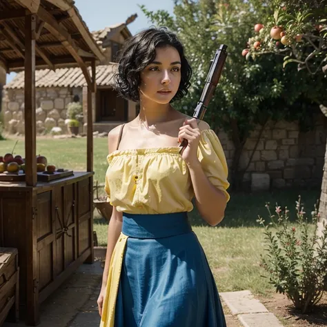 masterpiece, top quality, best quality, A gril,black hair,short hair,slightly curly hair，fair skin，fair skin，Blue and yellow long skirt,medieval style,Sharpshooter,Sharpshooter,Shoot the apple