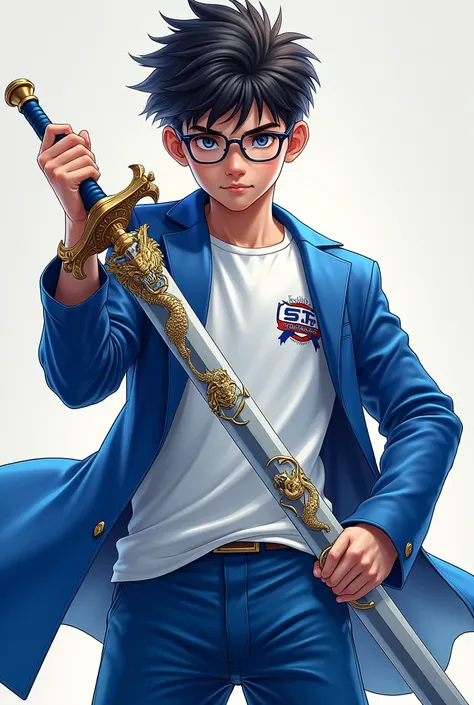 A boy of age 17 with dragon sword wearing white t-shirt with logo of ns wearing blue coat,pant and a clear glasses
