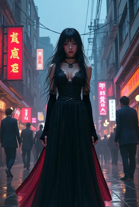 a woman standing in the middle of a city street, art station trend, light-skinned Korean girl, sifu style 🔥 😎 🕹️ 👀 :2, by Spencer Gore, there is a glow coming from her , obscure, hyper detailed illustration, dark image, gothic style, in the style of Nadine...