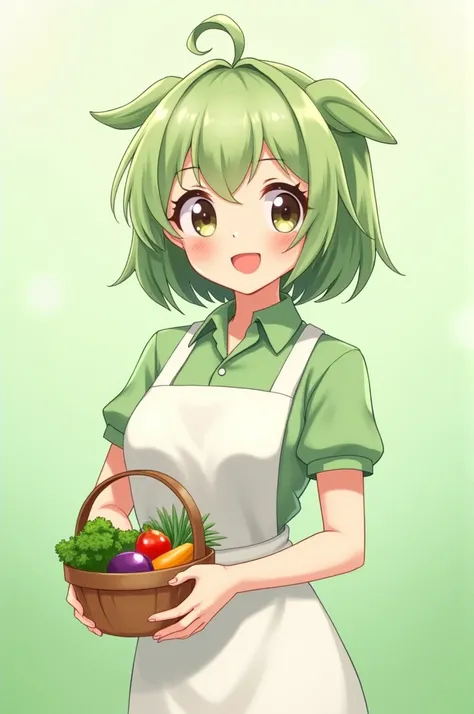 "Create a friendly and cute virtual assistant for Seeds, a cooking ingredient delivery app. The character should have a semi-realistic anime style with large expressive eyes and a warm smile. She has shoulder-length light green hair with leaf-like accents....