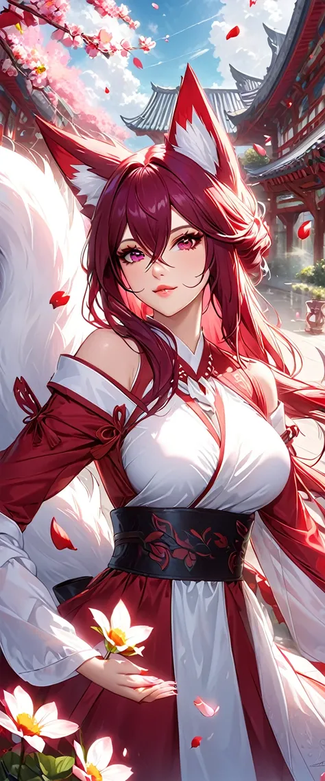 masterpiece, best quality, very aesthetic, absurdres, 1girl, mature_lady, ,,ahri(league_of_legends), 1girl, kitsune, kyuubi, deep pink hair,deep purple fox ears, long_hair,brown_eyes ,facial mark, whisker markings,white fox tail,kyuubi, large_breasts, long...