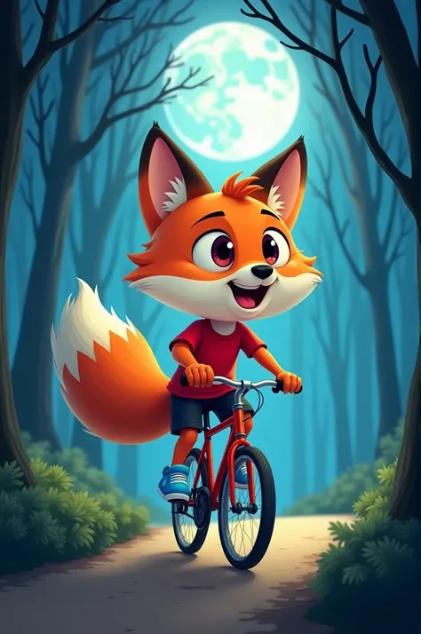 A cartoon fox with a round face and large expressive eyes, wearing a red t-shirt, black shorts, and blue sneakers, is happily riding a bicycle through a moonlit forest path. The trees are silhouetted against the night sky."
