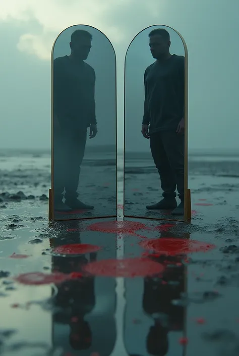 A lipstick-smudged mirror facing a huge mirror