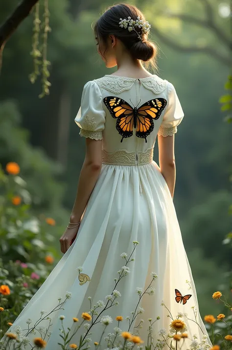 A white dress with a flower design at the bottom and vines, with a short jacket with designs on the sleeve and a large butterfly on the back 