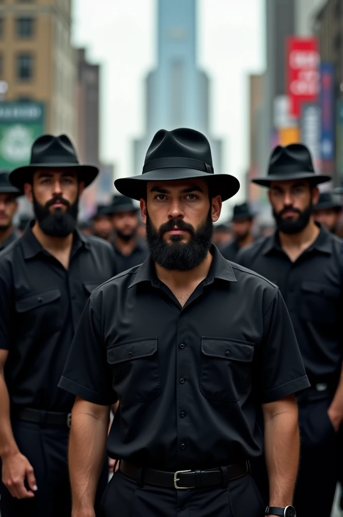 Several men with black hats and all black clothes, basic shirt and pants, in a city 