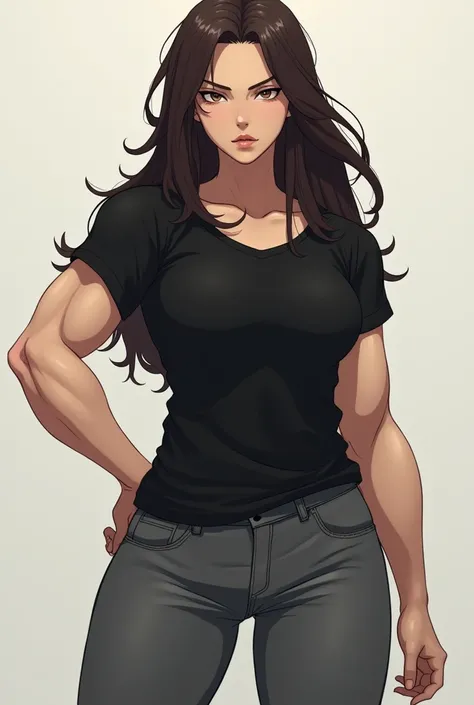 anime, woman with long wavy dark brown hair, Very muscular with big, defined arms, pale skin, attractive serious, long loose black t-shirt and grey pants