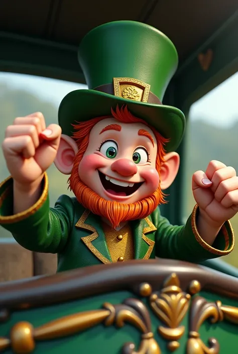 Smiling Irish Leprechaun with raised fists wearing a gold top hat driving a truck 
