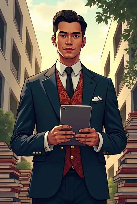 Draw a modern version of José Rizal, wearing a formal suit combined with a traditional Filipino barong tagalog, holding a tablet and surrounded by books, standing in front of a modern university. He has a thoughtful expression and appears as a social justi...