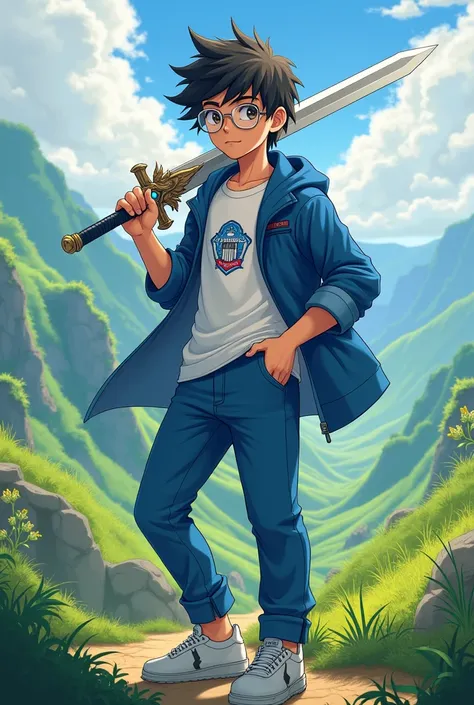 A boy of age 17 with dragon sword wearing white t-shirt with logo Ns wearing blue coat,pant and a clear glasses in a beautiful hill
