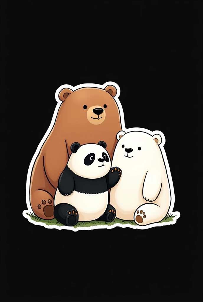 sticker no shadow , minimal, anime  style,on black background , Black ink lines with soft watercolor accents. White trim line 40px, (high resolution) , no noise pixel ,((masterpiece)) ,8K Octane,  High Resolution, Best Quality, 3bears , first is Grizzly th...