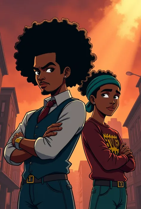 a detailed illustration of huey and his brother in the boondocks animation style, huey with a big afro, his brother wearing a doorag, both with crossed arms, highly detailed, cinematic lighting, dramatic shadows, vivid colors, masterpiece, 4k