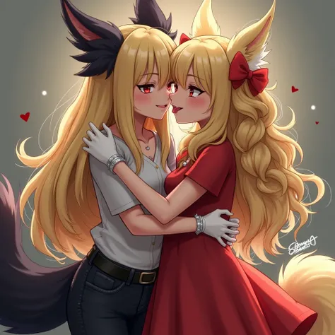 (two mature girls, hugging, adult female:1.3), (sweet kiss, tongue twist:1.3), ( (mature:1.1), (long black-blue:1.2), (fluffy fenek ears, fenek fluffy tail:1.2), (silver bracelet, earrings, necklace:1.25), (black jeans, shirt:1.3), (dominant:1.2) ), ( ( ma...