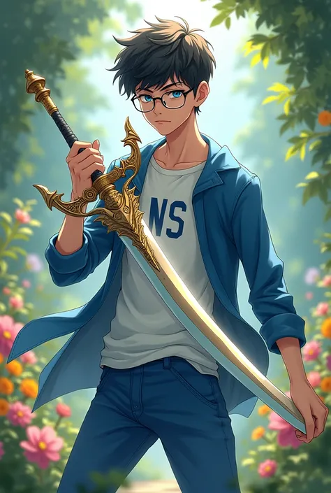 A boy of age 17 with dragon sword wearing white t-shirt with logo Ns wearing blue coat,pant and a clear glasses in a beautiful garden
