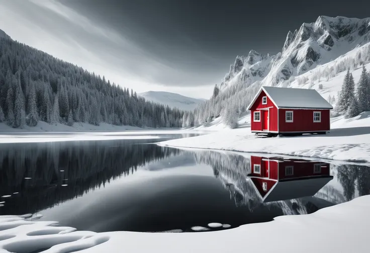 a snowy landscape, a minimalist black and white photography, a solitary red cabin, a frozen lake with reflections, cinematic lig...