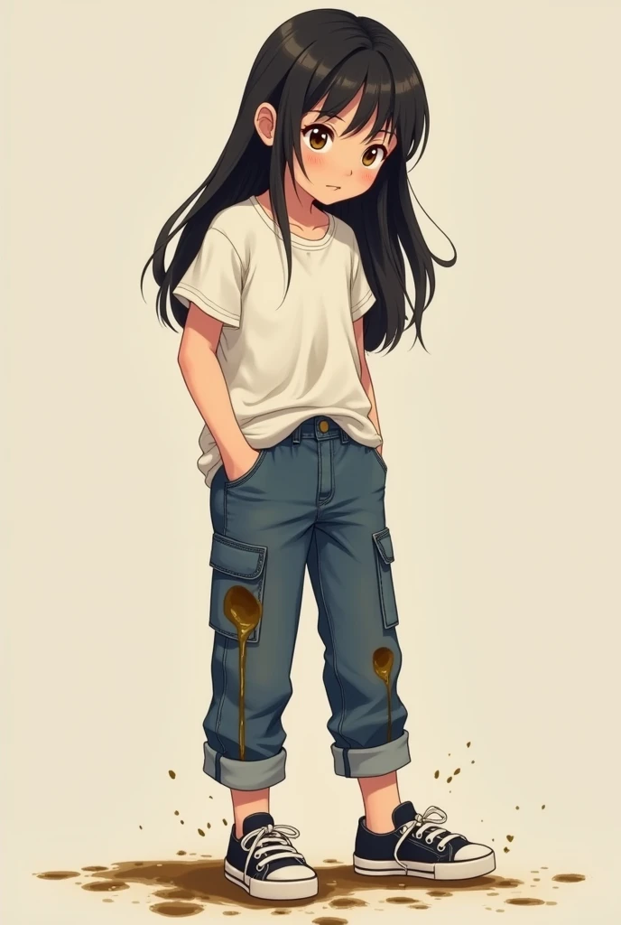  girl with black hair, white T-shirt, brown eyes, denim cargo pants, sneakers, girl pees in her pants, pants are wet, dark wet spot in the middle of the pants, darker trace along both legs, dark wet trace along the pants, clear yellow pee running down her ...