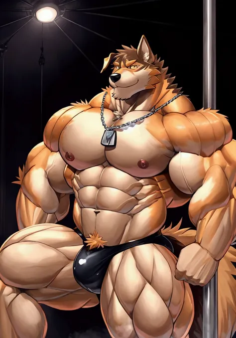 Good quality, high resolution, (barrel), (big muscles: 1.5), (big pectoral: 1.2), (8-pack abs), (heavyweight bodybuilder bulk: 1.3), (v-shape upper torso: 1.3), (eyes with small golden iris and black pupil), fluffy tail, (pointy ears), (fur colors #ffffc9,...