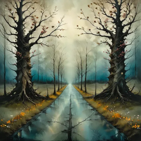 oil and acrylic painting, attractive double exposure . in the style of andy kehoe, dave mckean. a road that splits into two path...