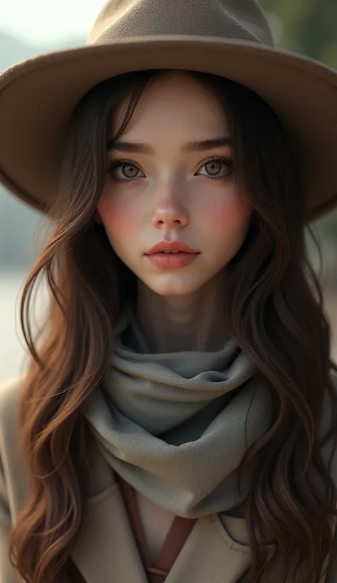 arafed woman with long hair wearing a hat and scarf, realistic digital art 4 k, realistic digital art 4k, soft portrait shot 8 k, photorealistic artstyle, photorealistic beautiful face, cinematic realistic portrait, beautiful digital artwork, realistic bea...