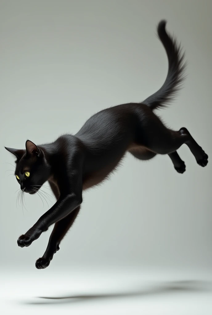 Shiny black cat jumping with its body stretched out, realistic style 