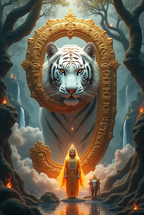  close up Create a surreal, vibrant and intricate digital artwork, combining traditional Japanese symbols with modern design. In the center, there is a large white tiger. Place the number &#39;9&#39; designed with an ornate metallic texture with intricate ...