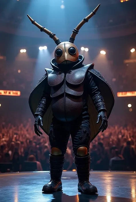 creating an image of a male singer wearing a "beetle" mascot performing on The Masked Singer stage