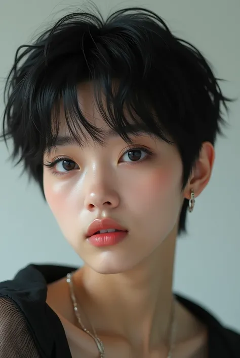  Korean,black hair undercut hair style, light skin, black and slanted eyes, thin lips and nose ,eyebrows not too thin,medium body