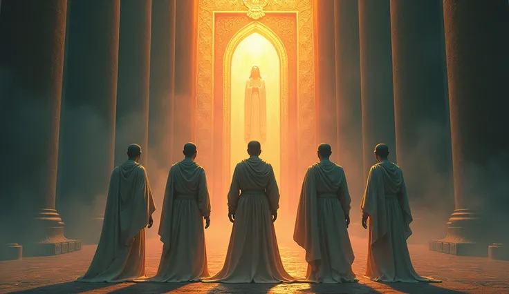 Action: Awaiting Judgment

Description: The four souls standing in front of Yamaraj’s throne, anxiously awaiting their judgment. They are positioned in a row, looking towards the throne.

Pose: Each soul is shown in a state of anticipation, with their expr...