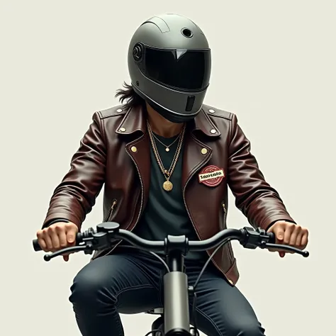 a man wearing an EVO helmet full face with a hole in the top and three pieces of hair sticking out and wearing a Leather jacket and a SANMAO patch, with a gold necklace wearing dark brown boots. and riding an electric bike you take care of the background