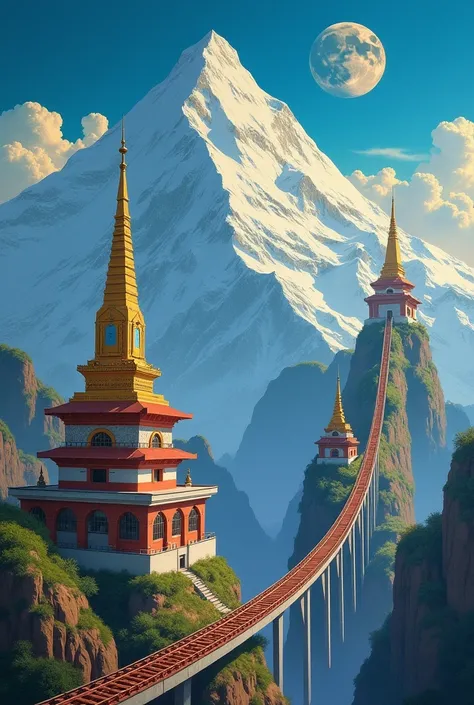 Make a dream scape painting on topic of nepals imagination on development upto moon!
As my idea;
There is a mount everest and around of mount everest there are nepali 2/3 architect temples and stupas which are flying like rocket and rail of nepal is flying...